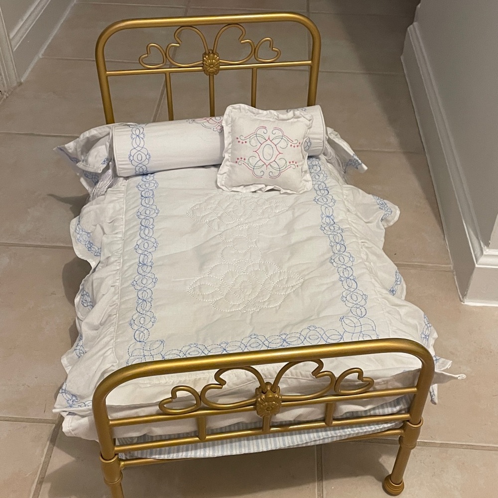 American Girl Doll Bed with  White and Blue Bedding Set